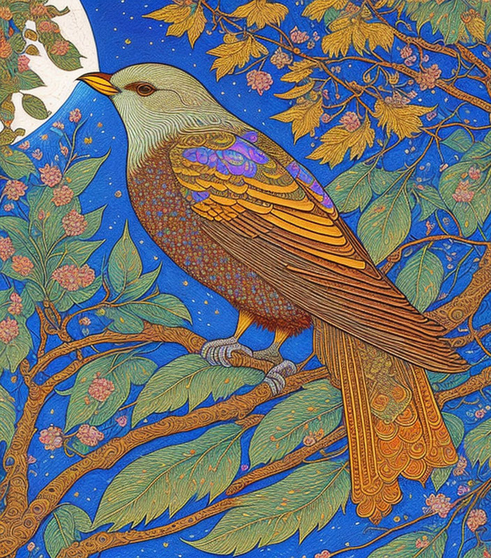 Colorful bird perched on branch among intricate foliage under crescent moon