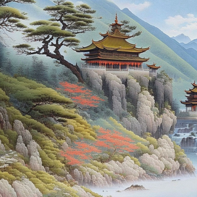 Traditional pagodas on rocky cliffs in lush landscape with waterfall