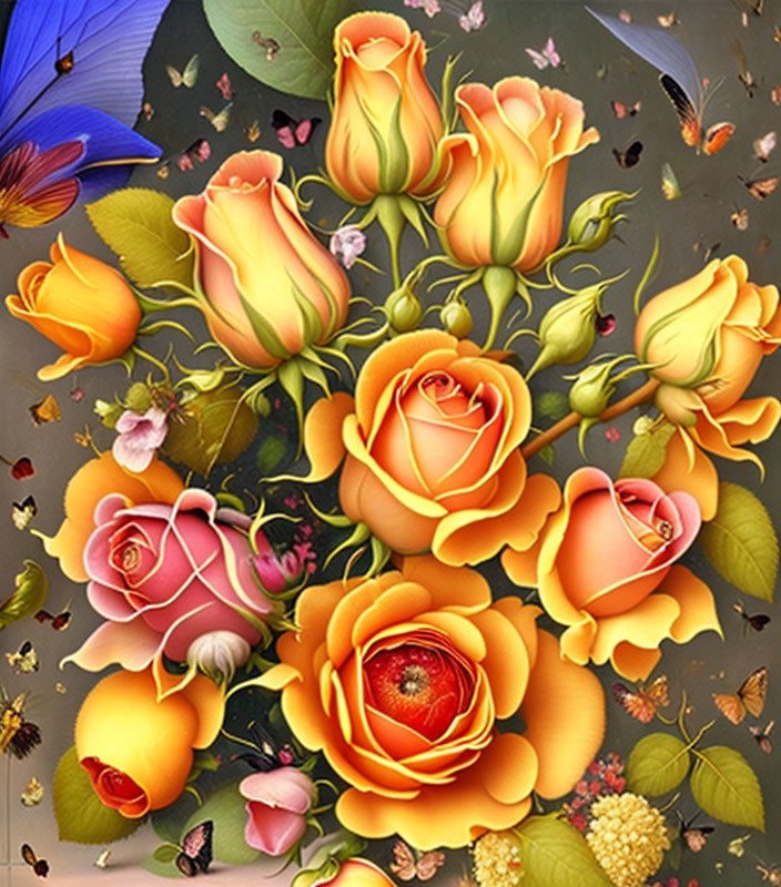 Colorful Floral Arrangement with Roses, Butterflies, and Ladybug on Dark Background