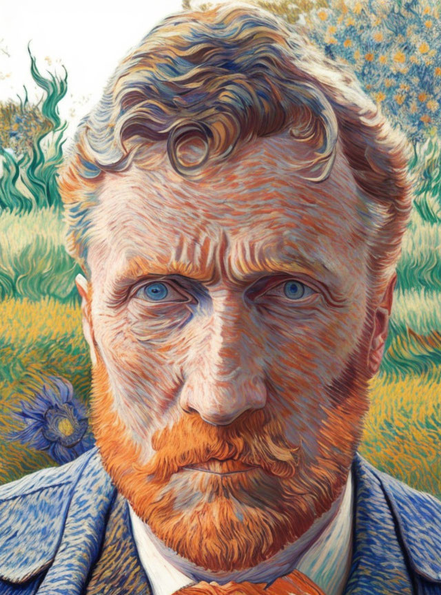 Bearded man with intense gaze in swirling brushstrokes