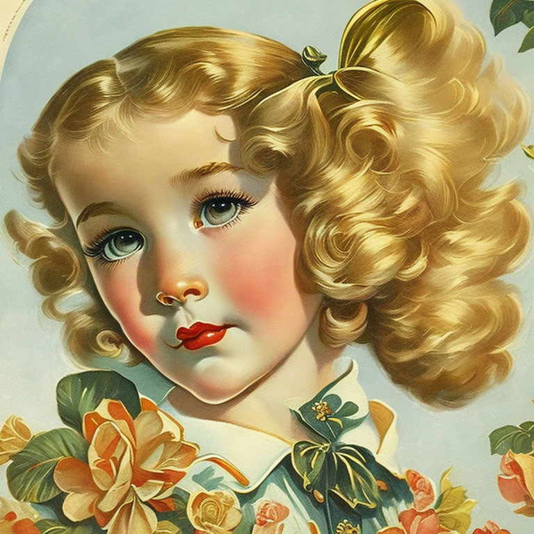 Young girl with blonde curly hair and roses in vintage illustration