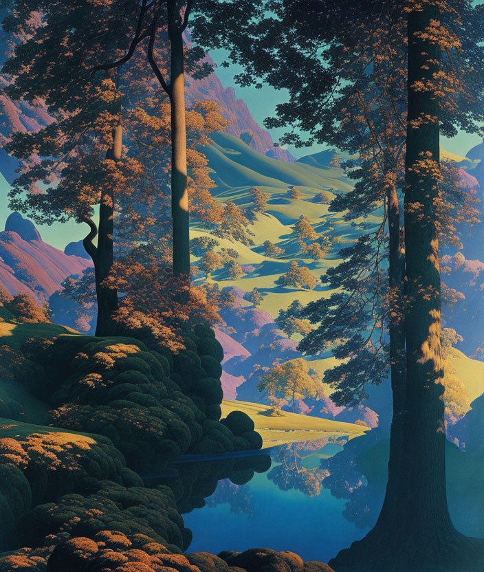 Stylized forest scene with towering trees and rolling hills