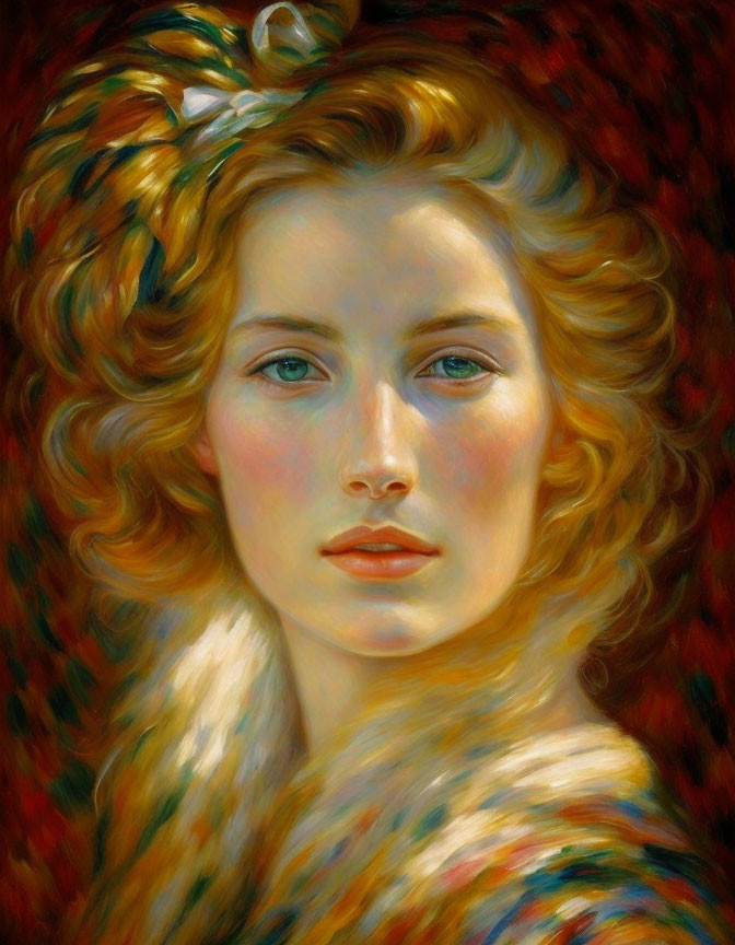 Portrait of Woman with Blue Eyes and Curly Blonde Hair in Multicolored Fur Collar