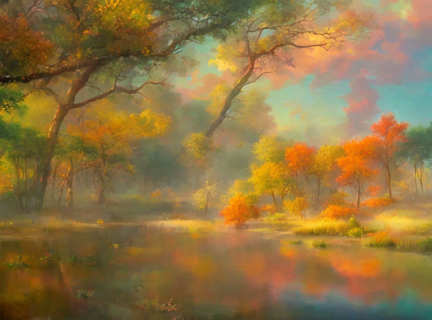 Tranquil autumn forest scene with reflective water and misty light