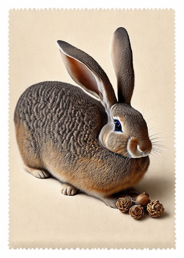 Realistic brown rabbit illustration with long ears and bright eyes on cream background