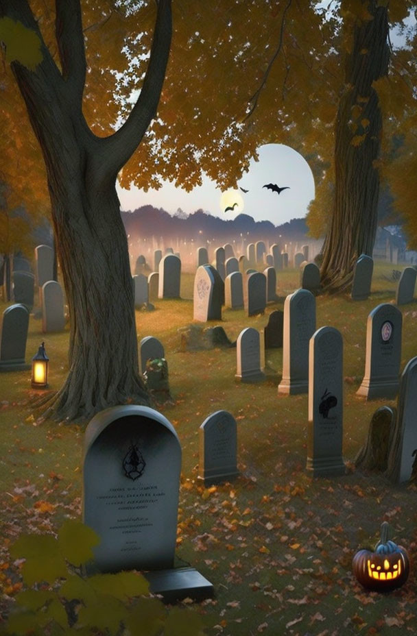 Spooky Halloween cemetery scene with headstones, lanterns, bats, and pumpkin