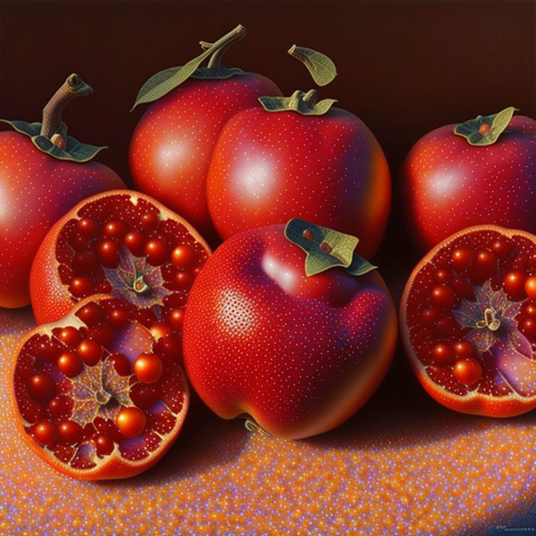 Detailed digital artwork of whole and cut-red tomatoes with glittering seeds on textured background