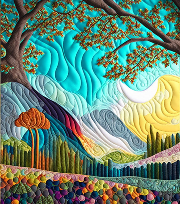 Colorful Quilted Artwork of Stylized Landscape with Tree and River