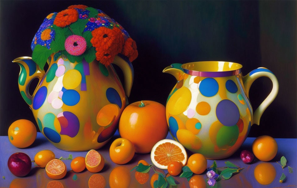 Vibrant still life with polka-dotted teapot, flowers, and citrus fruits