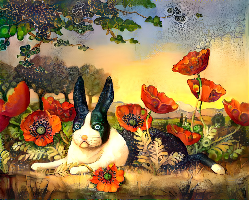 Creepy rabbit and poppies