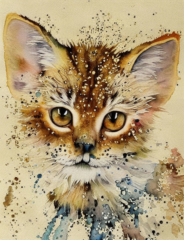 Imaginative Cat Watercolor Painting with Vivid Eyes