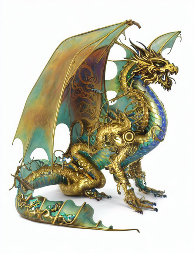 Detailed Metallic Dragon Sculpture with Green, Gold, and Blue Hues