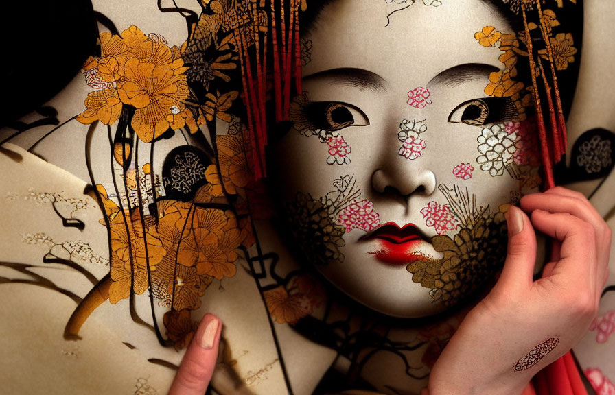 Detailed Close-Up of Person with Japanese Geisha-Inspired Artistic Makeup