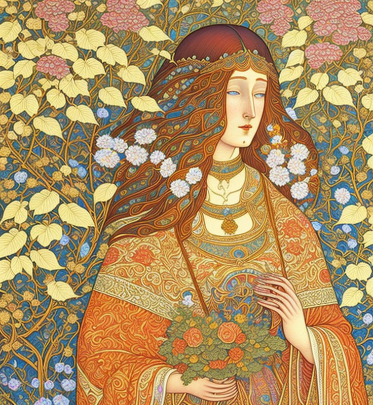 Artwork featuring woman with flowing red hair and ornate golden clothing in Art Nouveau style