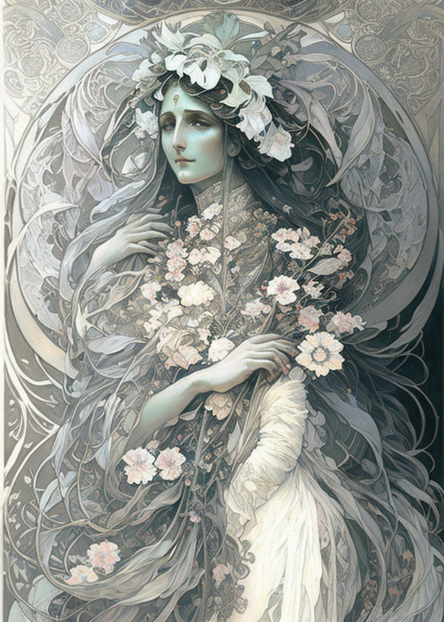 Illustrated ethereal woman with floral crown and dress in art nouveau setting.