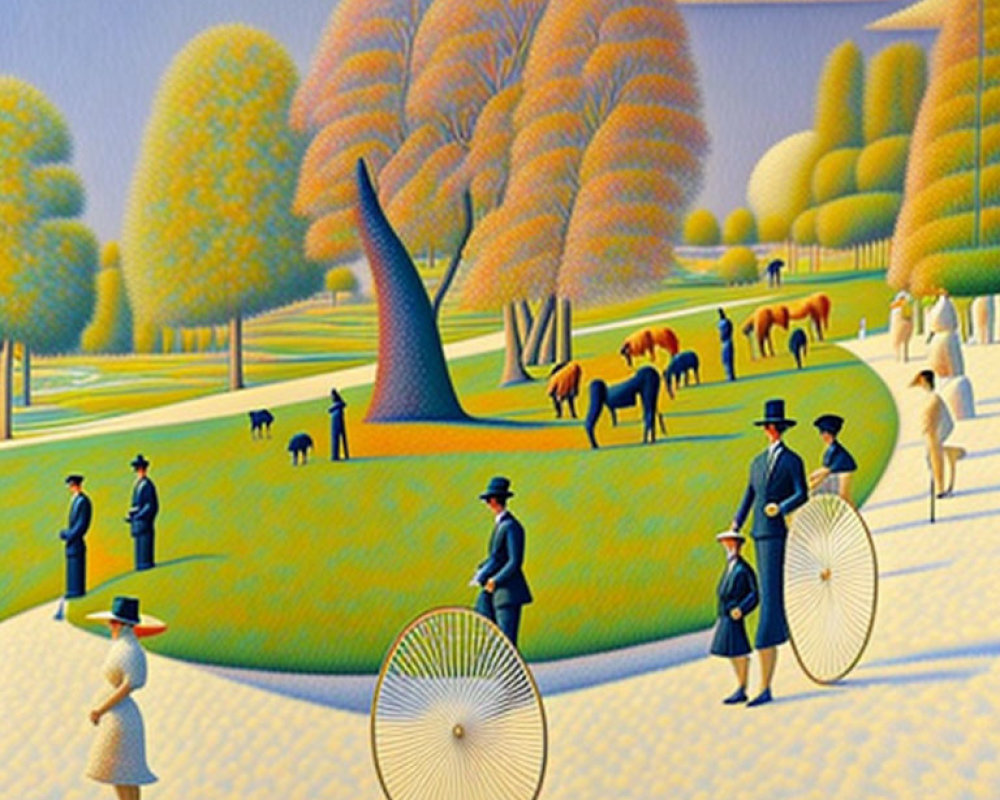 Stylized painting of people on penny-farthings in park with autumn trees