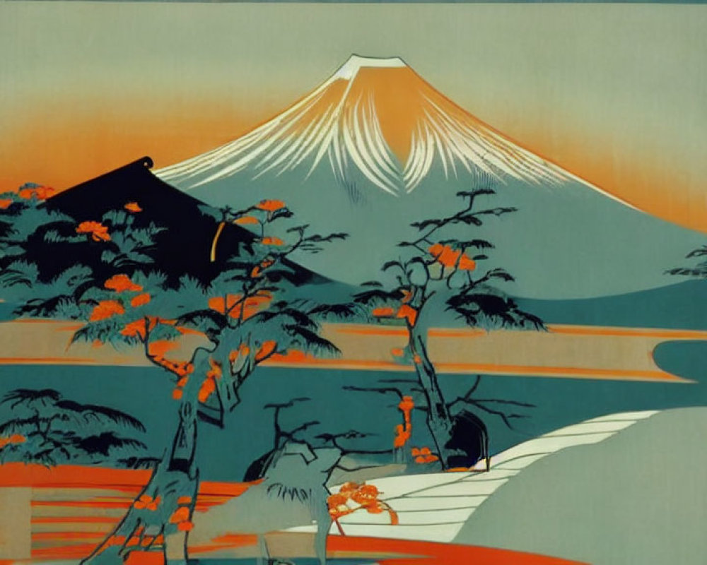 Traditional Japanese Scene: Mount Fuji, River, Orange Blossom Trees