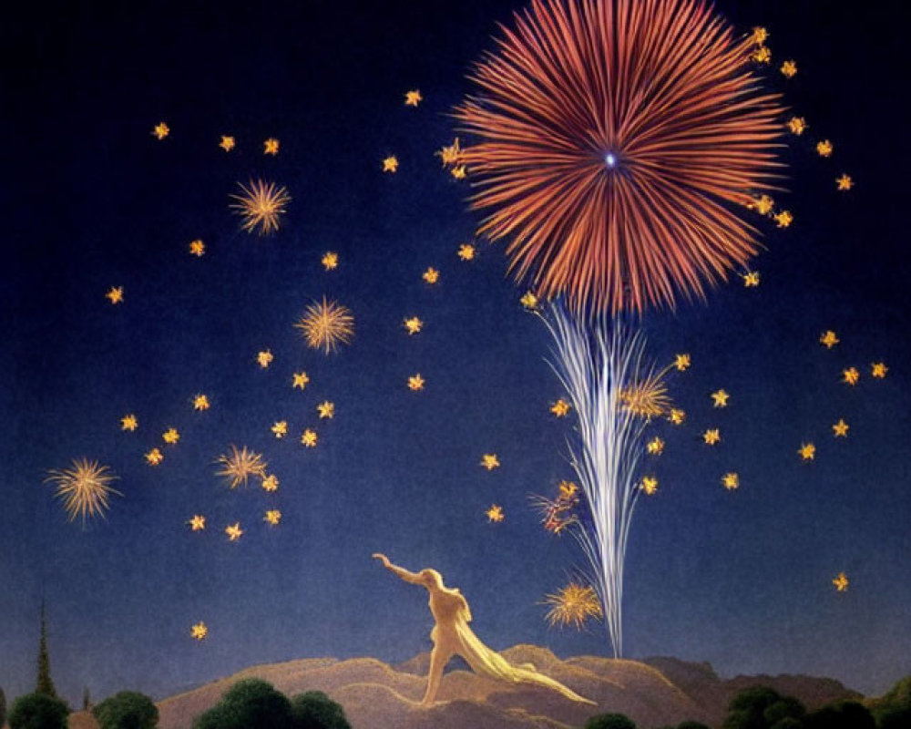 Person sitting under night sky watching golden and red fireworks