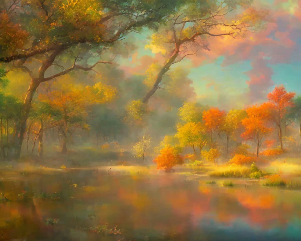 Tranquil autumn forest scene with reflective water and misty light