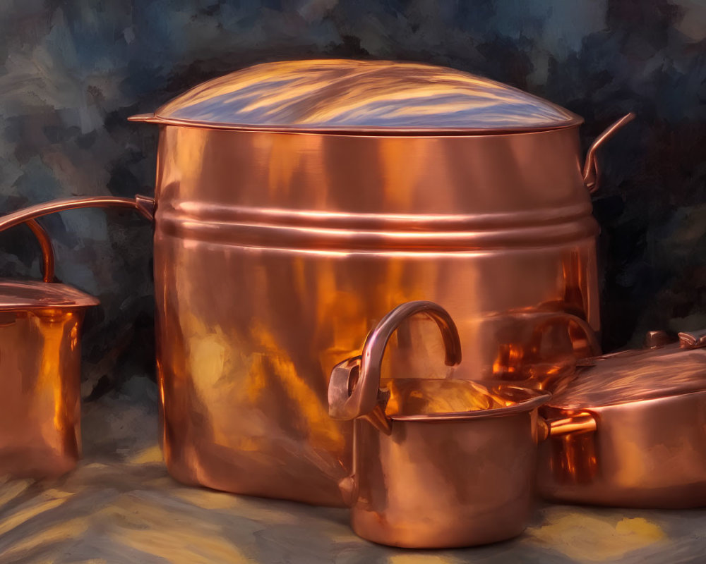 Polished Copper Cookware Set with Pot, Pan, and Lid in Warm Light