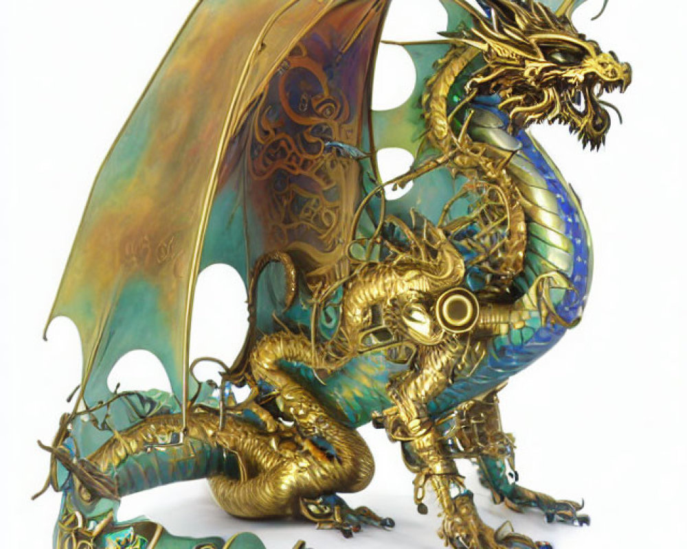 Detailed Metallic Dragon Sculpture with Green, Gold, and Blue Hues