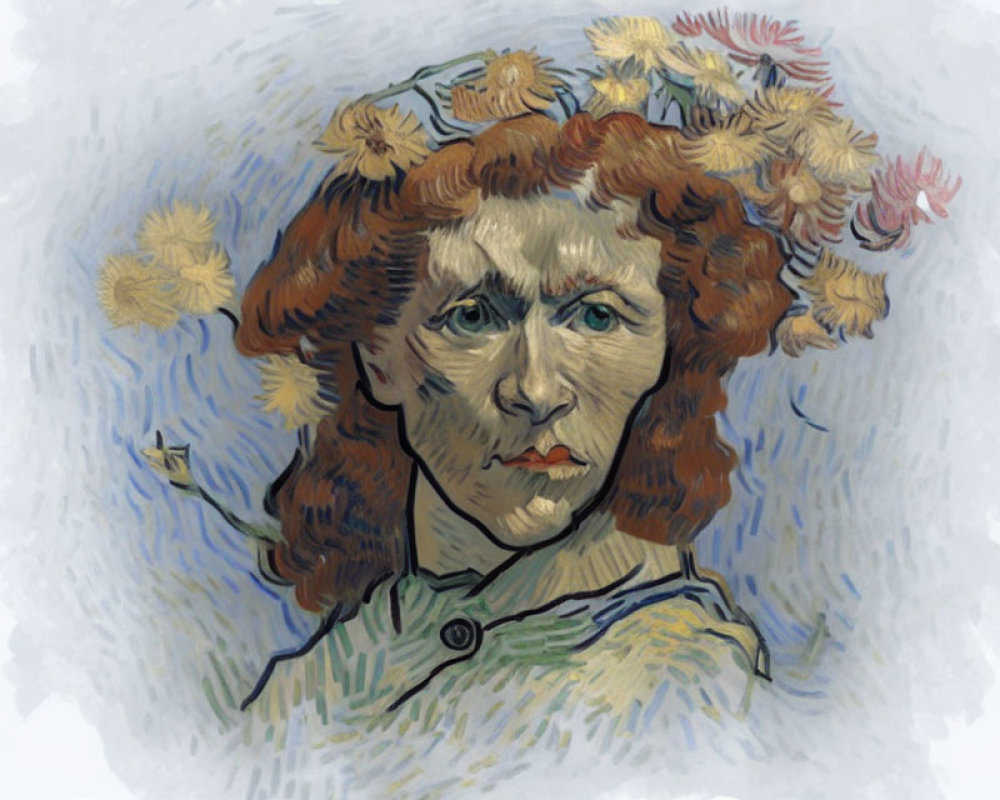 Impressionist-style painting of person with flowers in hair against blue background