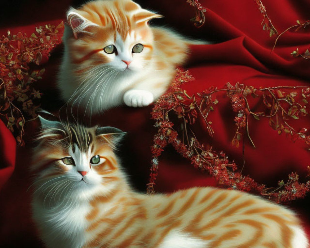 Fluffy Orange and White Cats on Red Velvet with Flowers