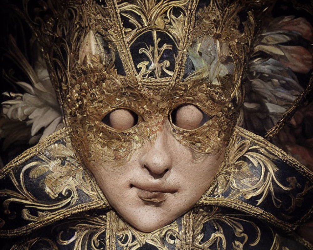 Golden Venetian Mask with Feather-Like Decorations