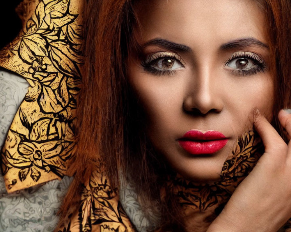 Woman with Hazel Eyes and Red Lipstick in Golden Shawl gazing left