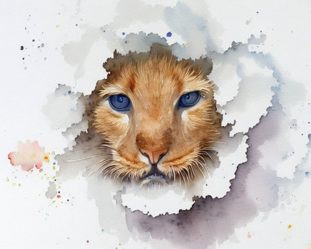 Vivid blue-eyed lion in watercolor painting with abstract splattered background