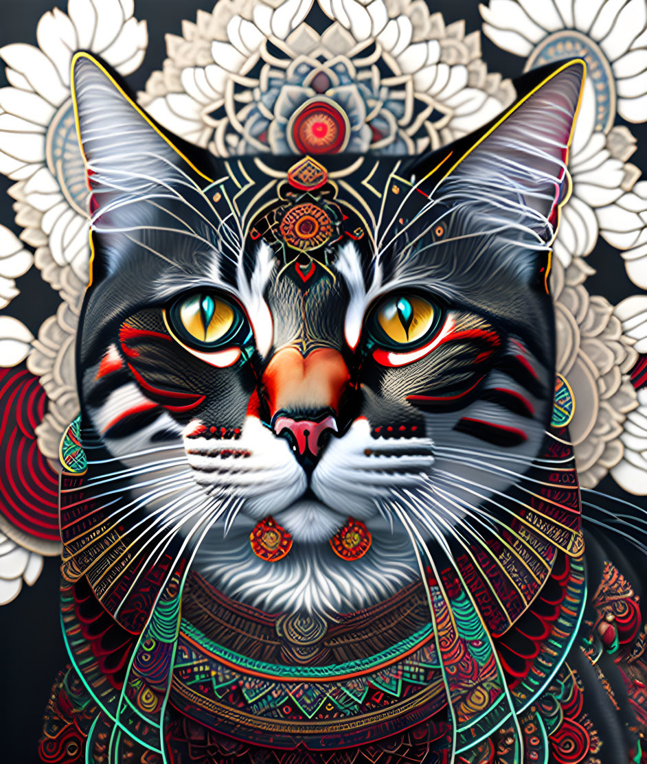 Colorful Cat Digital Art with Mandala Designs on Floral Background