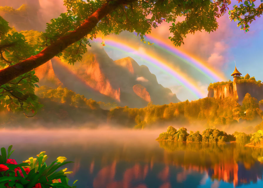 Scenic landscape: Rainbow over misty lake, castle on cliff, mountains, red flowers, golden