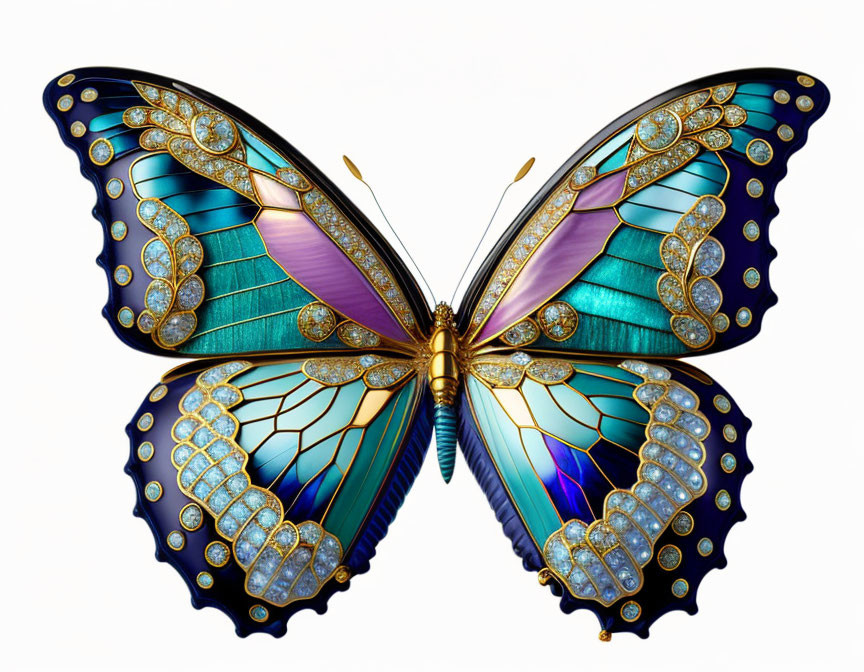 Colorful Butterfly Illustration with Intricate Patterns in Blues, Purples, and Golds