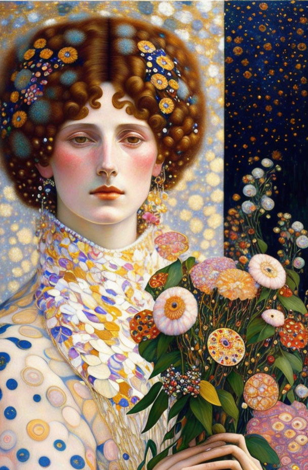 Art Nouveau style painting of woman with ornate attire and flowers on starry background