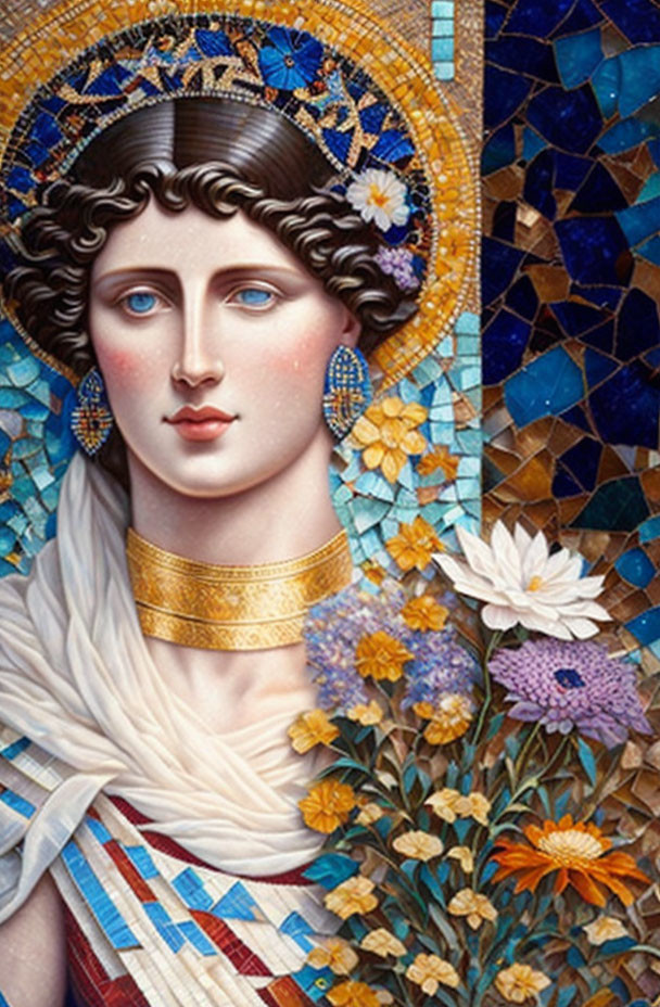 Mosaic-style painting of woman with blue eyes and ornate headdress