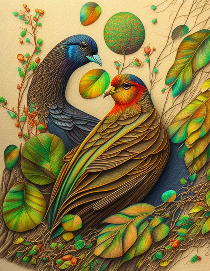 Vibrant birds in lush foliage with fantasy orb among berries