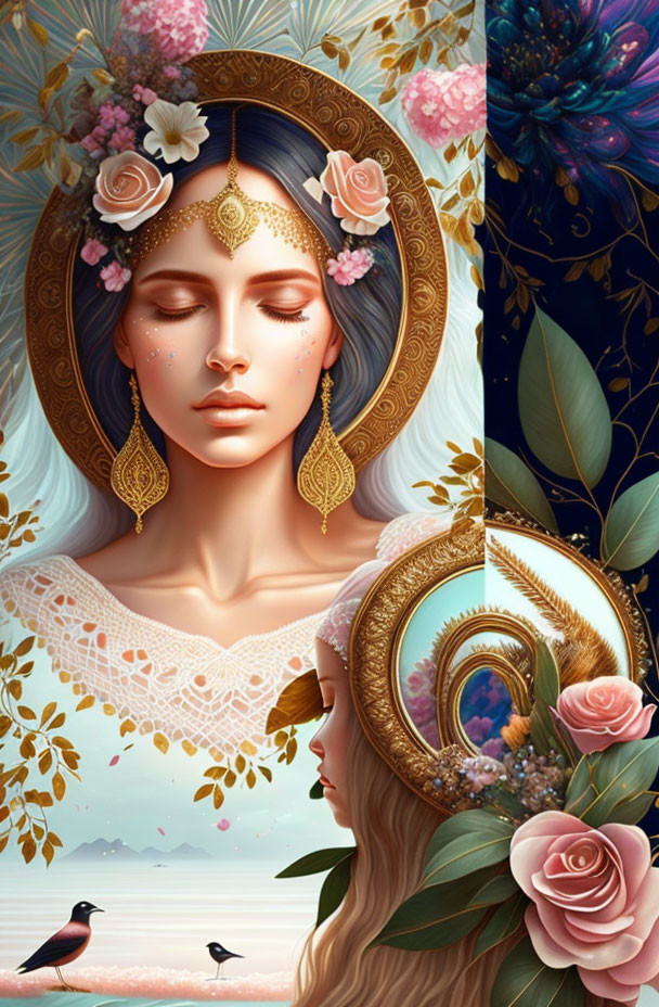 Digital artwork featuring serene female faces with golden jewelry and floral details against a lush, hazy landscape