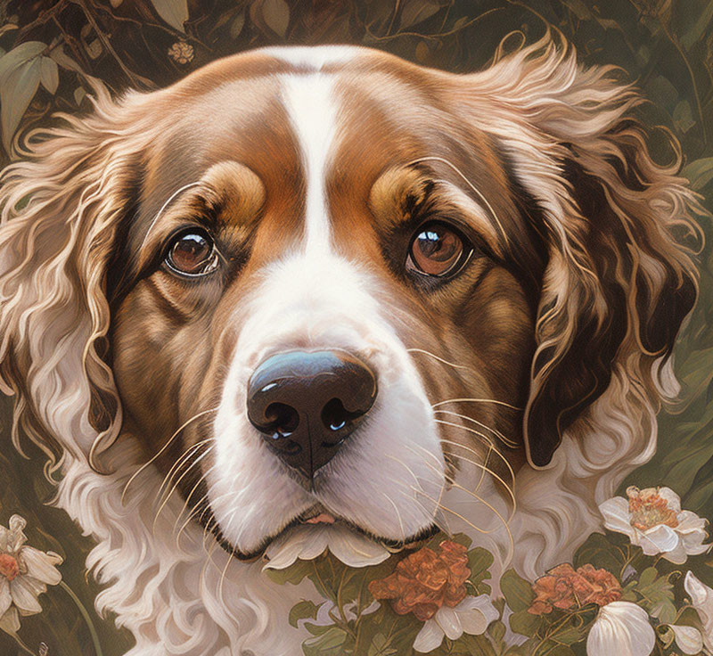 Detailed Illustration of Brown and White Dog in Green Foliage and White Flowers