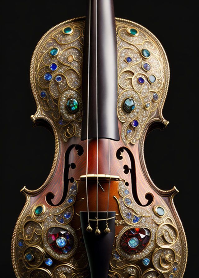 Intricately detailed violin with jewel inlays on black background