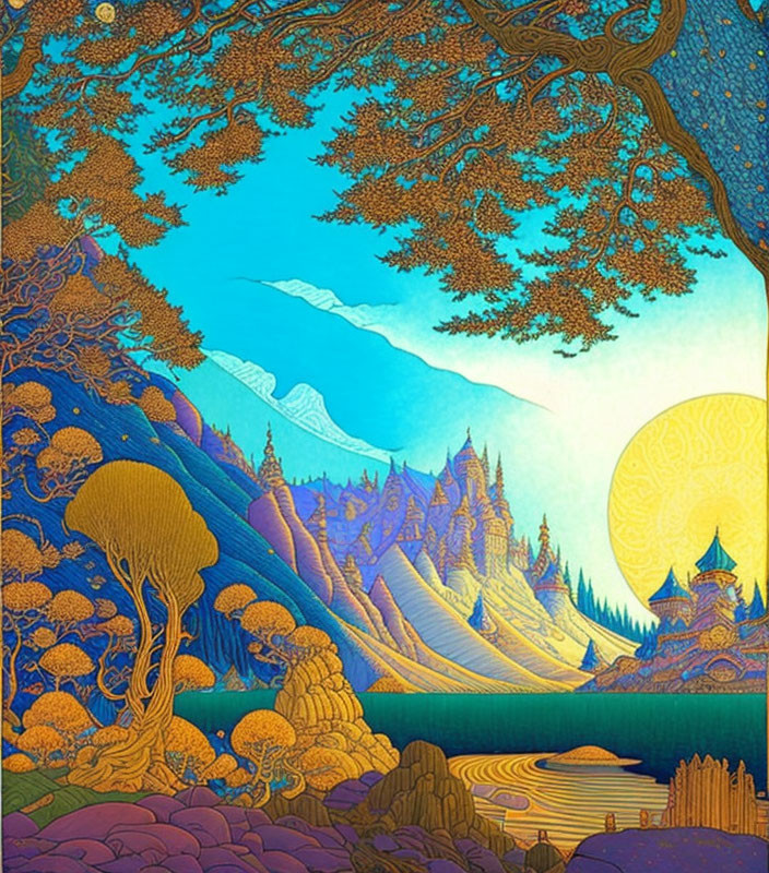 Colorful fantasy landscape with golden trees, blue mountains, and serene lake