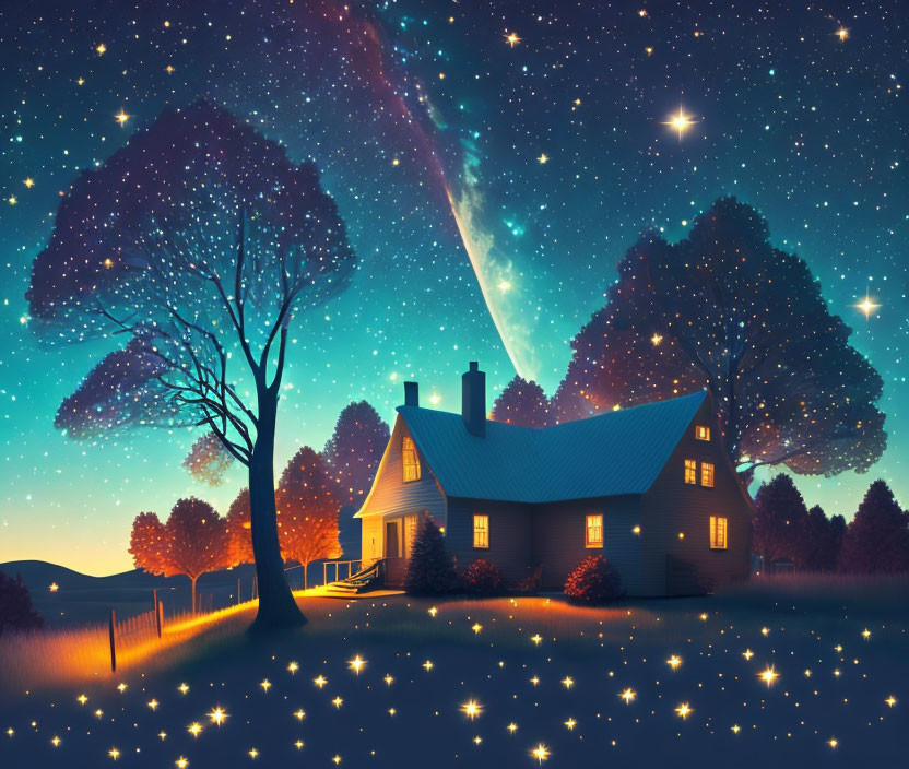 Cozy house under starry sky with comet and fireflies