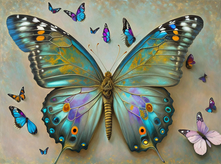 Colorful digital artwork featuring a large, fantastical butterfly among smaller butterflies on a textured gray background