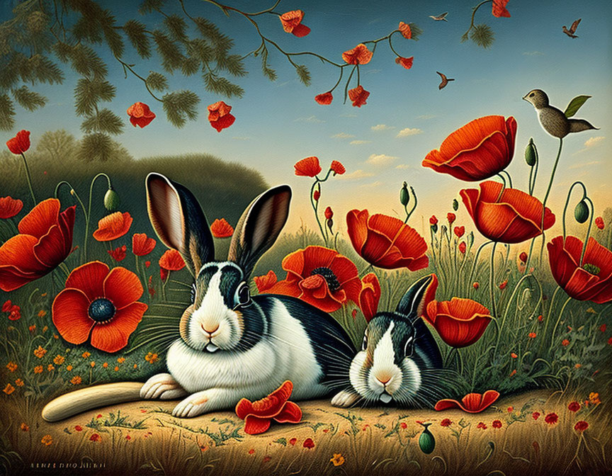 Two rabbits in red poppies with bird on branch