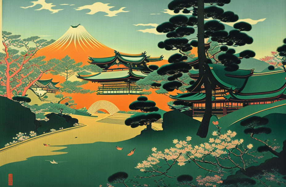 Japanese landscape with Mount Fuji, pine trees, bridge, and classical architecture