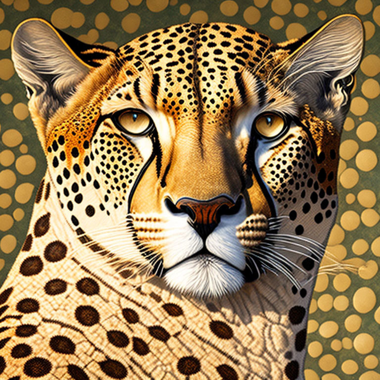 Digital artwork: Woman's face blended with cheetah features on golden background