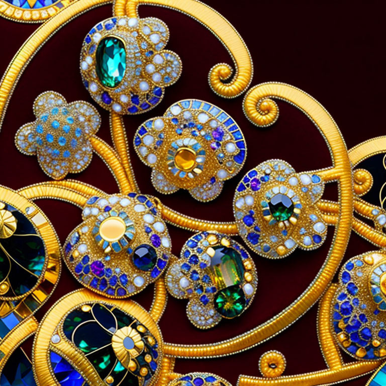 Exquisite Golden Jewelry with Diamonds and Gemstones on Red Background