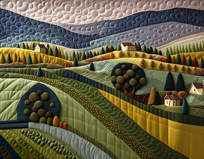 Colorful Quilted Landscape with Rolling Hills and Houses