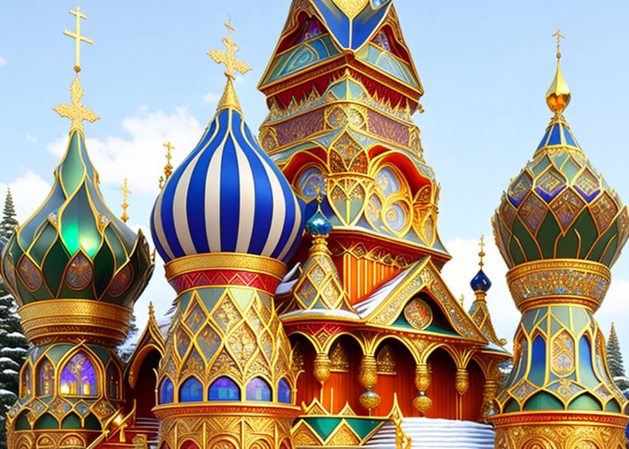 Traditional Russian-style cathedral with colorful onion domes against blue sky.