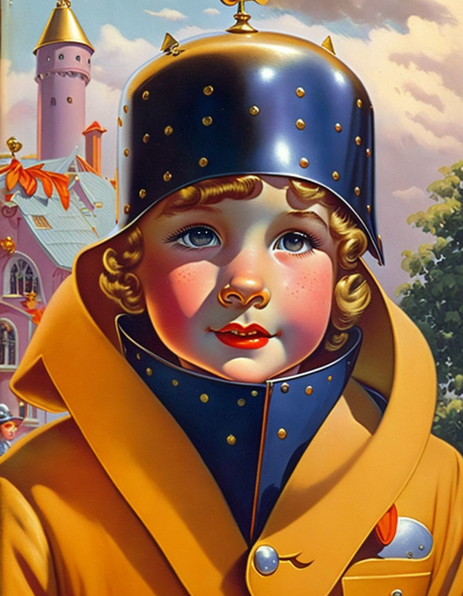 Child in Medieval Knight Helmet with Yellow Cape Illustration