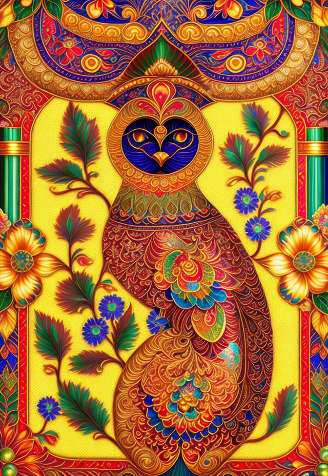 Colorful Stylized Peacock with Red, Blue, and Gold Patterns